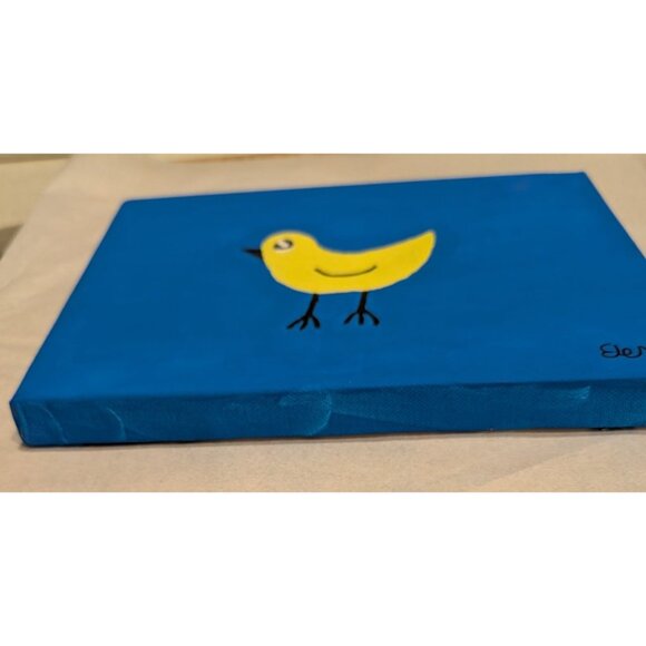 Yellow Bird Painting on Blue Canvas by Elena Mernoff 8x10 - Picture 4 of 10
